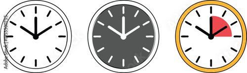 Set of three minimalist wall clock icons in outline solid and highlighted styles for time management scheduling productivity and deadline concepts isolated on white background vector illustration.