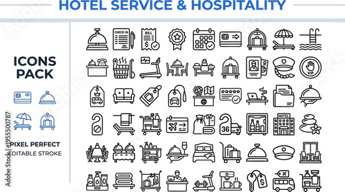 Hotel Service & Hospitality Icon Set Pack — Room, Reception, Amenities, Pixel Perfect Editable Vector