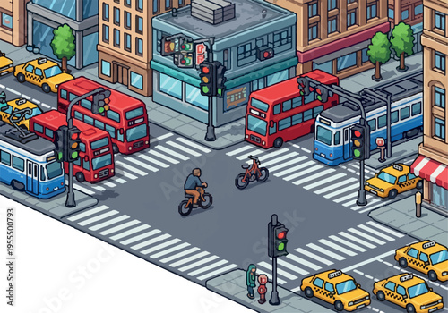 Isometric view of a busy city intersection with public transport, cars, bicycles, and traffic lights