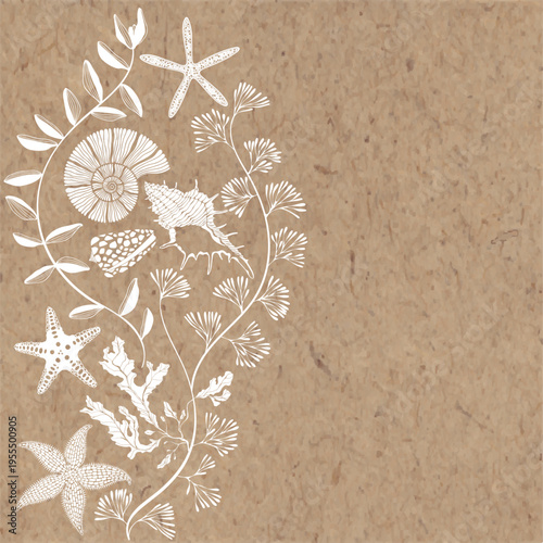 Pre-made design with seashells, starfish, algae and place for text on kraft paper. For cards, flyer, poster, banner, brochure, post in social networks, advertising, events and page cover.