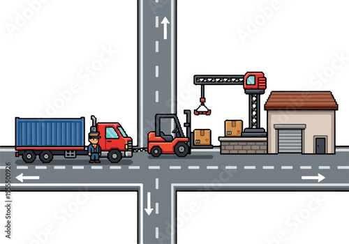 Logistics operations with cargo truck, forklift, crane, and warehouse building in an industrial setting