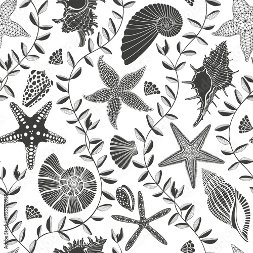  Art sea background with sea creatures and seaweed on white. Seamless vector pattern. Perfect for design templates, wallpaper, wrapping, fabric, print and textile. Monochrome, black and white.