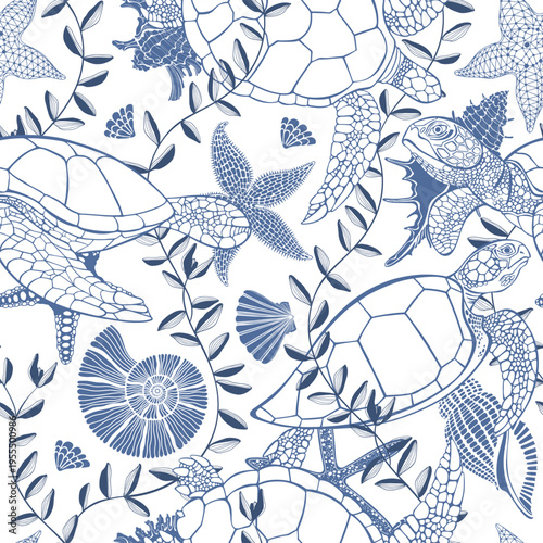  Art sea background with turtles, sea creatures and seaweed on white. Seamless vector pattern. Perfect for design templates, wallpaper, wrapping, fabric, print and textile. Monochrome.