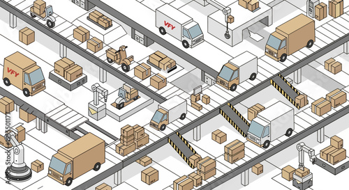 Isometric view of a busy logistics and delivery warehouse with conveyor belts, robotic arms, and delivery vans.