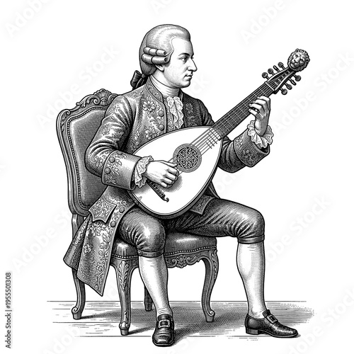 Classical Musician Playing Lute Vintage Engraving