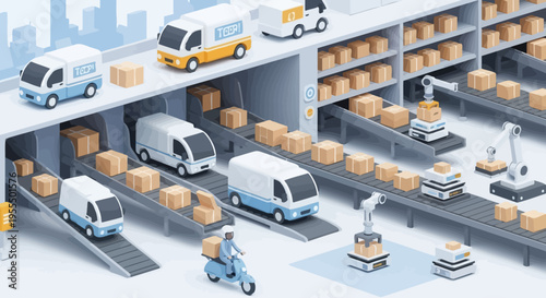 Automated logistics and delivery system with robotic arms, conveyor belts, vans, and a delivery person on a scooter.