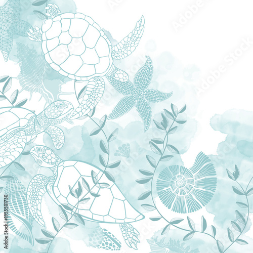 Art sea background vector. Luxury design with turtles, underwater plants, shells, starfish and  watercolor splash. Template design for text, packaging and prints.