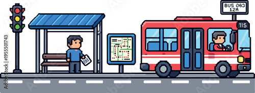 Pixel art scene of a man waiting for a bus at a bus stop with a route map displayed