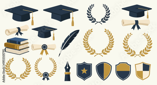 Graduation Icons Set with Mortarboards, Diplomas, Laurel Wreaths, and Shields. Flat Vector Academic Achievement Symbols for Education and University Success.