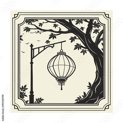Vector illustration of a lantern on a tree branch with decorative border