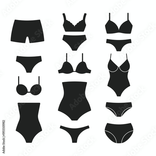 Collection of various black silhouettes of different styles of women lingerie and swimwear items isolated on white background, Vector, illustration