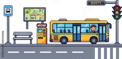 Bus stop scene with a yellow bus, ticket machine, bench, map, and traffic light, illustrating public transportation and urban commuting