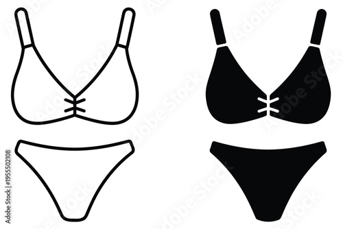 Two sets of women bikini swimwear icons featuring a classic brassiere top and matching briefs isolated on white background, Vector, illustration
