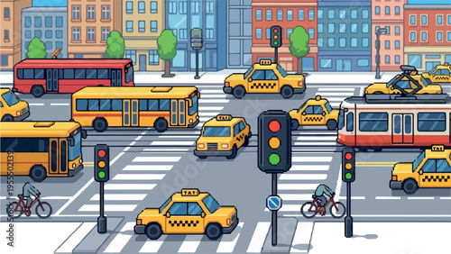 Urban Traffic Scene with Buses, Taxis, Trams, and Pedestrians Navigating a Busy Intersection with Traffic Lights and Crosswalks