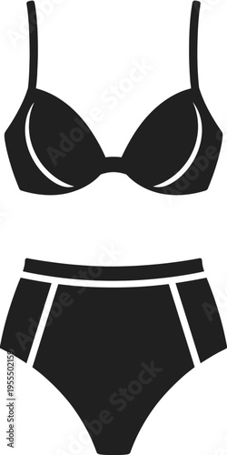 A simple black silhouette icon of a two piece bikini set including a bra top and high waist bottom isolated on white background, Vector, illustration