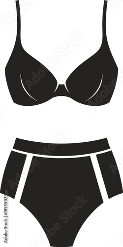A minimalist black bikini set featuring a structured bra top and high waisted bottom underwear piece isolated on white background, Vector, illustration