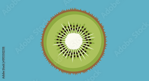 Close-up of a sliced kiwi fruit with detailed interior on a solid background