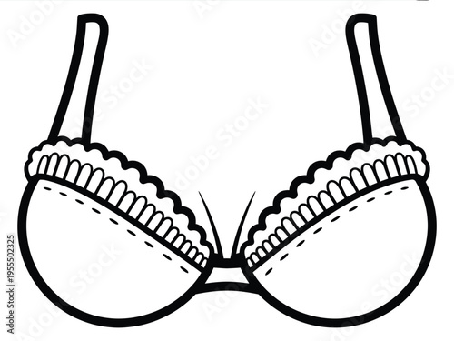 A black and white line art illustration of a feminine brassiere with decorative frilled edges isolated on white background, Vector, illustration