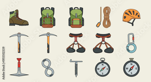Climbing and Hiking Gear Featuring Boots Backpacks Helmets Carabiners and Safety Equipment