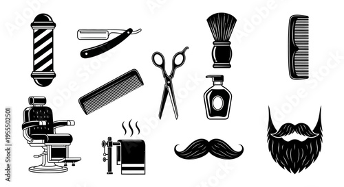 Collection of classic black and white barber tools including scissors and grooming accessories