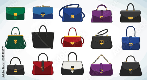 Collection of colorful and stylish handbags in various shapes and designs for fashion accessories