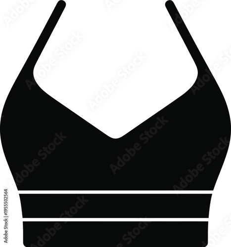 A black silhouette icon representing a sleeveless crop top garment for women with a v-neckline isolated on white background, Vector, illustration