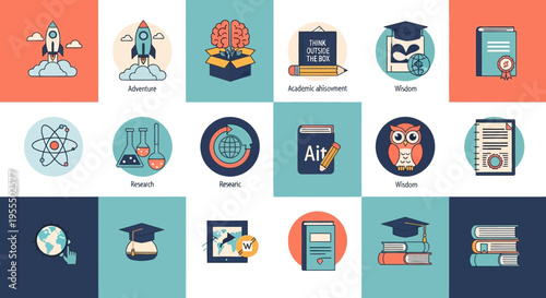 Education and Science Icon Set with Rocket, Brain, Graduation Cap, and Research Symbols for Learning and Innovation Concepts