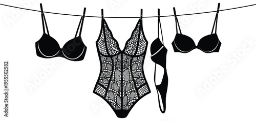 Black silhouettes of various women's lingerie items hanging on a thin laundry line with pegs isolated on white background, Vector, illustration