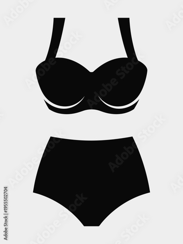 A black bikini set featuring a structured strapless top and high waisted bottom swimwear piece isolated on white background, Vector, illustration
