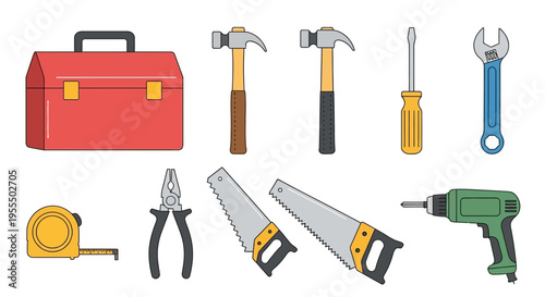 Collection of essential hand tools and toolbox including hammers screwdrivers saws and drill for
