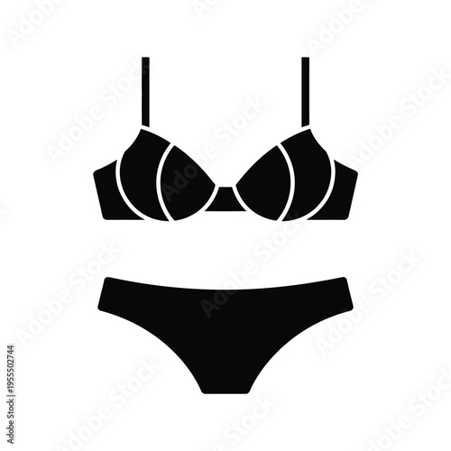 A minimalist black icon representing a two piece bikini set with a bra top and matching bottoms isolated on white background, Vector, illustration
