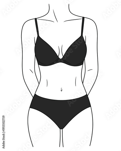 A minimalist line art illustration of a woman wearing a black bra and matching underwear set isolated on white background, Vector, illustration
