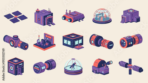 Collection of futuristic technology icons including satellites drones and laboratories in a
