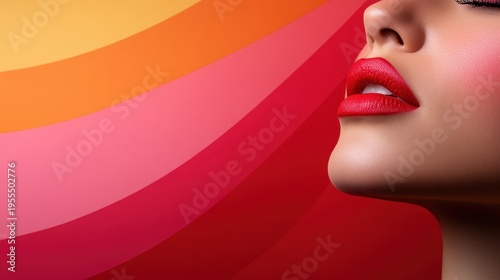 An artistic close-up of a woman's lips adorned with striking red lipstick, set against a vibrant, wavy background that enhances the image's elegance and allure.