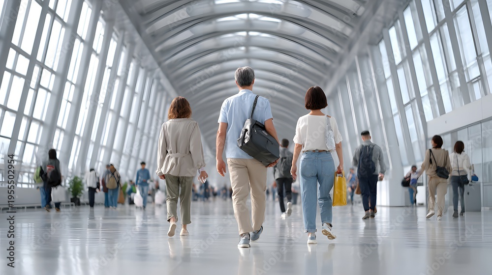 Fototapeta premium Travelers walk down a bright modern airport hallway with large glass windows and arched ceilings