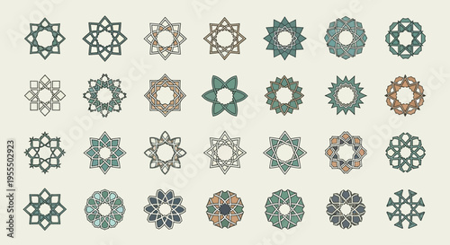 Collection of intricate geometric star and floral patterns with diverse symmetrical designs in a