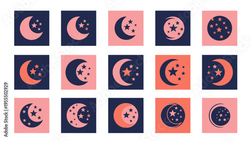 Collection of moon and star icons in various dark and pastel backgrounds representing celestial