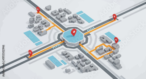 Isometric view of a modern city roundabout with navigation routes and destination markers, illustrating urban planning and transportation systems.