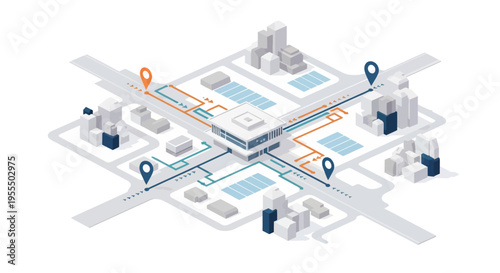 Isometric illustration of a smart city infrastructure with interconnected buildings, roads, and data flow lines.