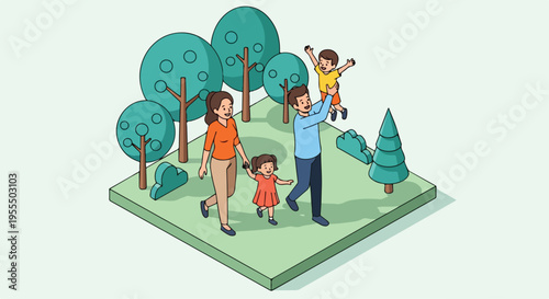 Isometric illustration of a family with two children playing on a green square with trees in a park with a joyful and carefree mood.