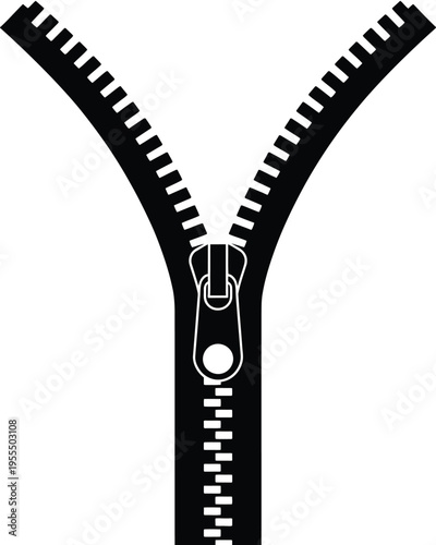 A black silhouette illustration featuring an open zipper with a visible slider and metal teeth isolated on white background, Vector, illustration