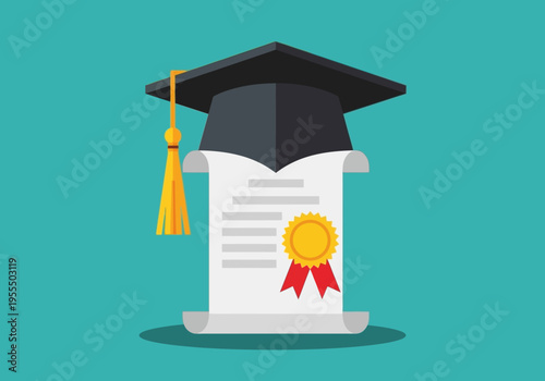 Graduation Cap and Diploma Scroll with Gold Seal Vector Illustration - Academic Achievement and Education Success Concept