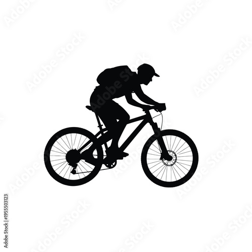 A black silhouette of a mountain biker wearing a backpack and cap while riding a bicycle outdoors isolated on white background, Vector, illustration