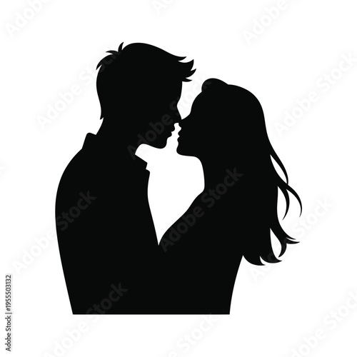 A romantic silhouette of a young man and a woman leaning in close to share a tender intimate kiss isolated on white background, Vector, illustration