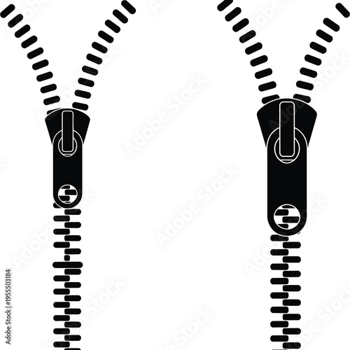 Two black zipper fasteners with open teeth tracks representing clothing and accessory components isolated on white background, Vector, illustration