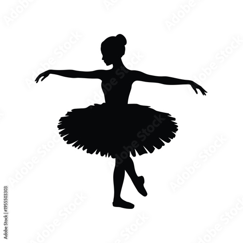 A graceful silhouette of a female ballet dancer performing a classical dance pose in a wide tutu isolated on white background, Vector, illustration
