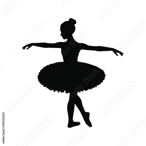 A graceful silhouette of a young ballerina dancing in a classic tutu with arms extended outward isolated on white background, Vector, illustration