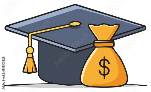 Graduation Cap with Money Bag Symbolizing Educational Costs and Student Loans