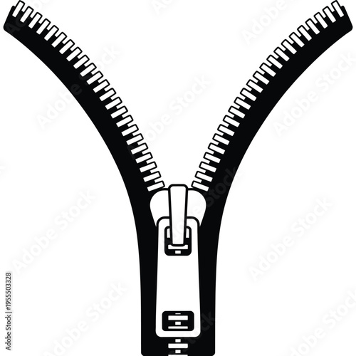 A black and white graphic illustration featuring a metallic zipper that is partially opened up isolated on white background, Vector, illustration