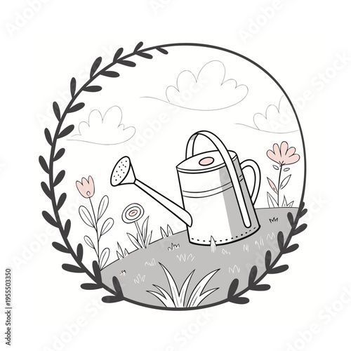 Vector illustration of watering can and flowers in garden, black and white